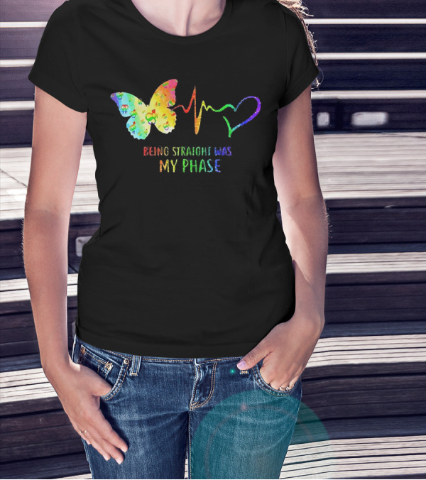 Being Straight Was My Phase Heartbeat Butterfly Rainbow T-Shirt