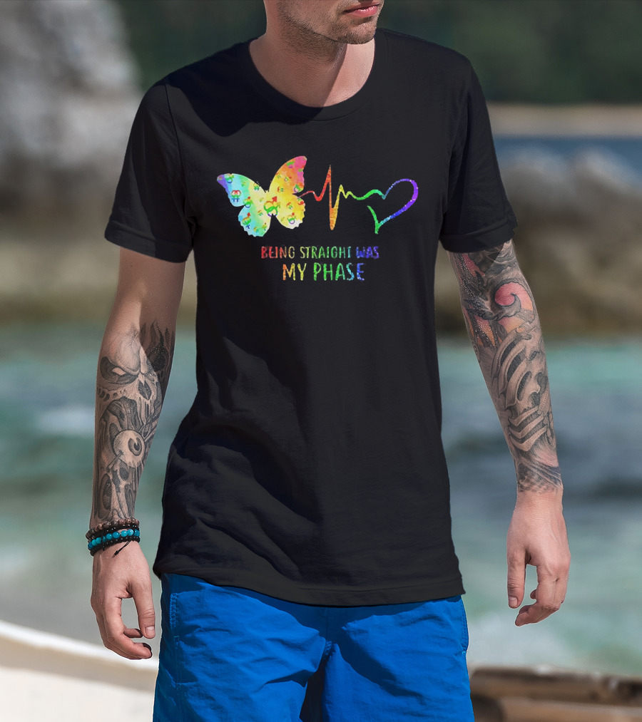 Being Straight Was My Phase Heartbeat Butterfly Rainbow T-Shirt