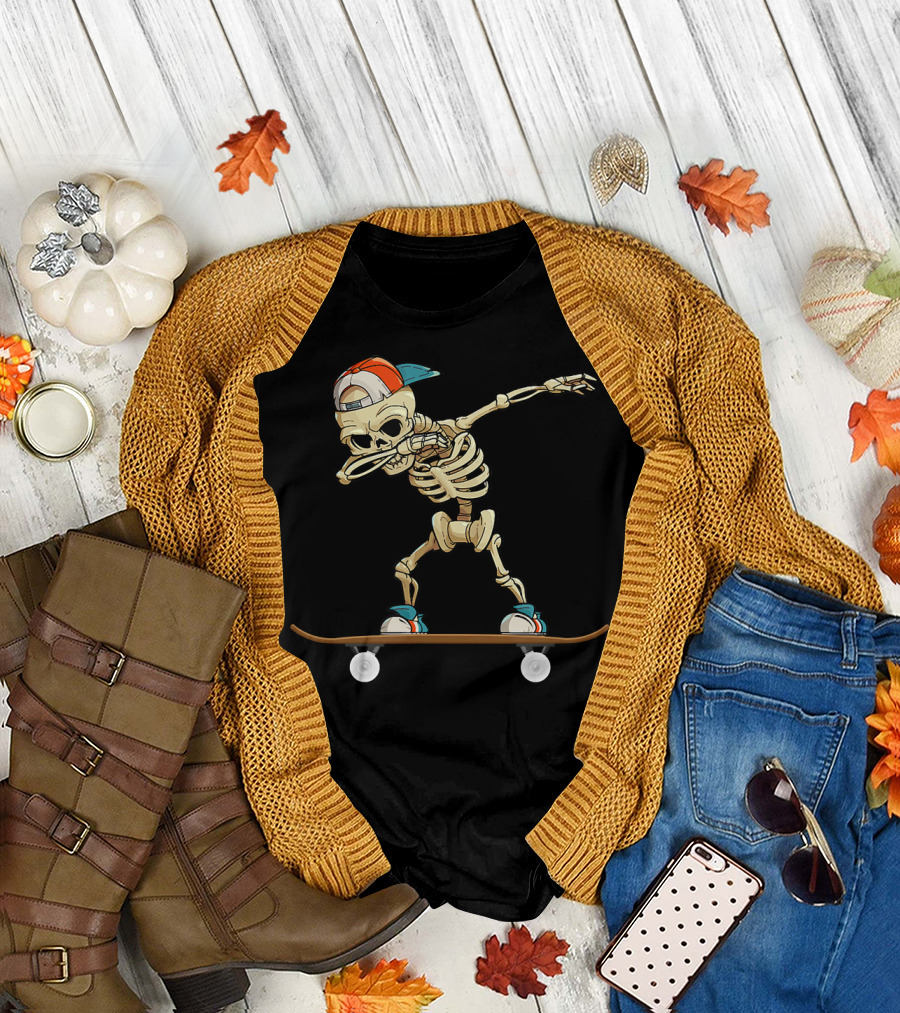 Dabbing Skeleton Skater Cool Skateboard Trick T-Shirt