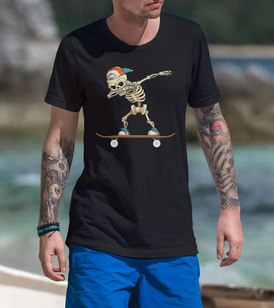 Dabbing Skeleton Skater Cool Skateboard Trick T-Shirt