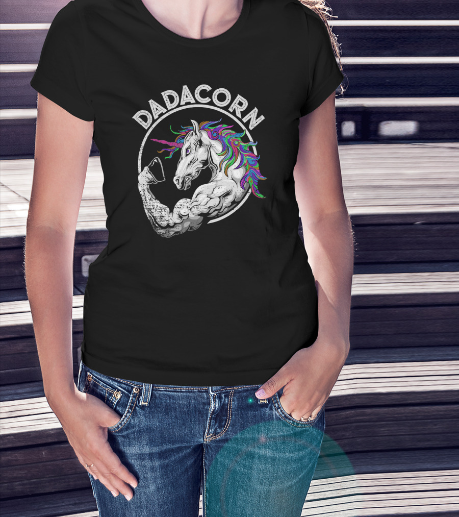 Dadacorn Muscle Unicorn Flexing Rainbow Mane T-Shirt