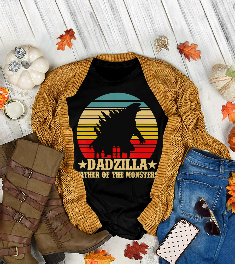 Dadzilla Father Of The Monsters Dinosaur Retro Sunset Monster T-Shirt