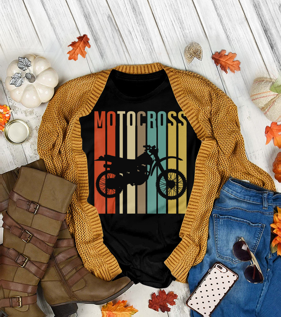 Vintage Motocross Bike Silhouette on Retro Stripes T-Shirt