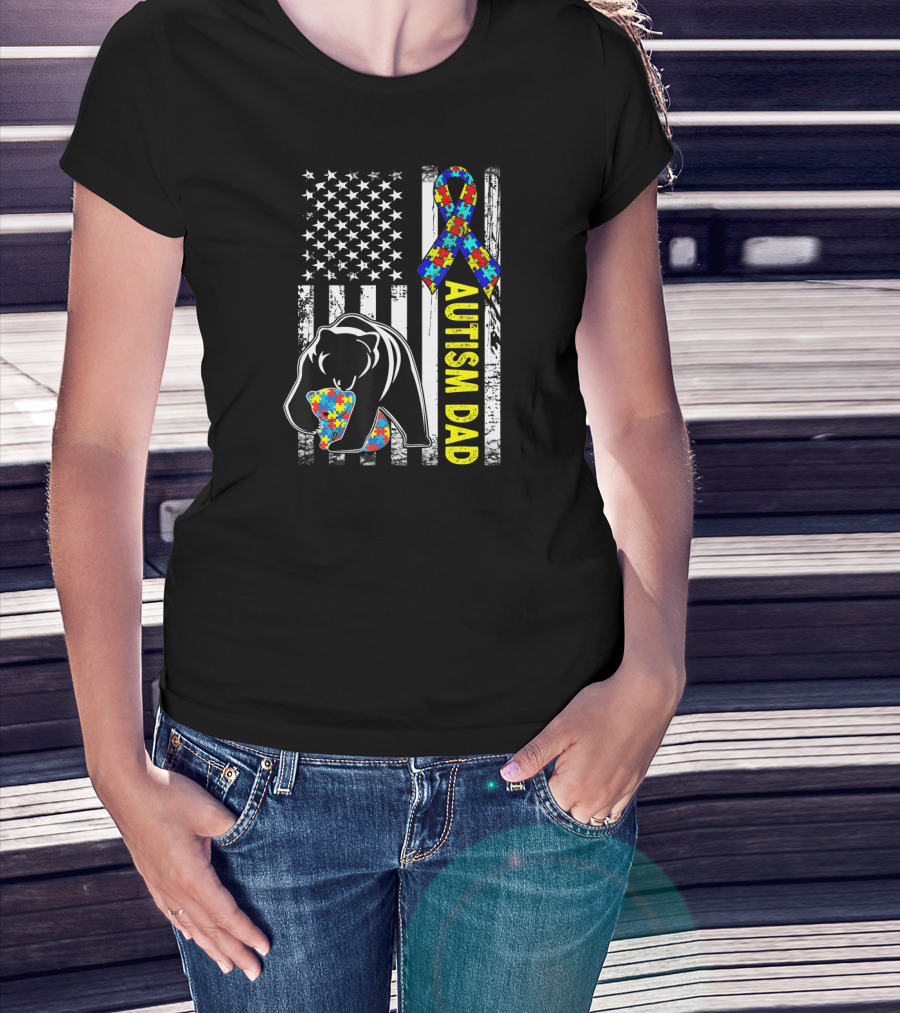 Autism Dad American Flag Bear Puzzle Ribbon Awareness T-Shirt