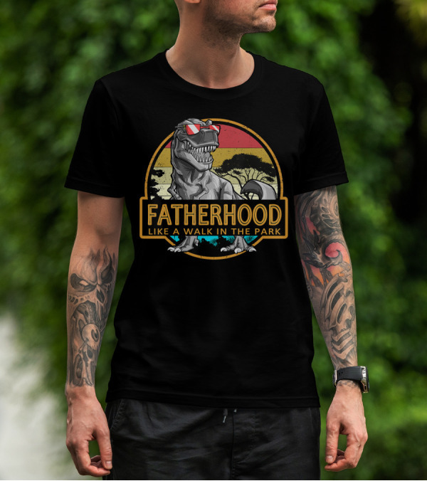 Fatherhood Like A Walk In The Park Dinosaur Sunglasses Retro Circle T-Shirt