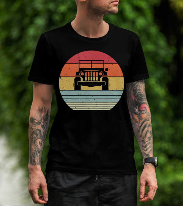 Retro Style Off Road 4X4 Vintage Jeep Silhouette Sunset Stripes T-Shirt