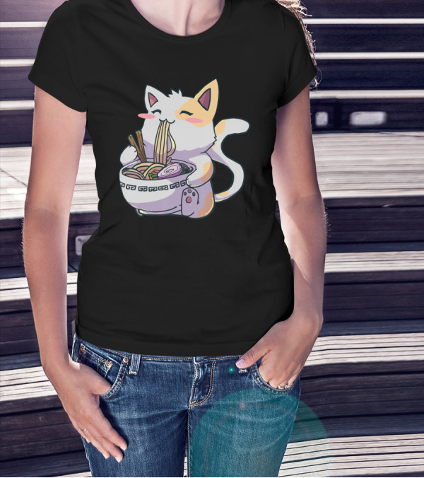 Kawaii Anime Cat Eating Ramen Japanese T-Shirt