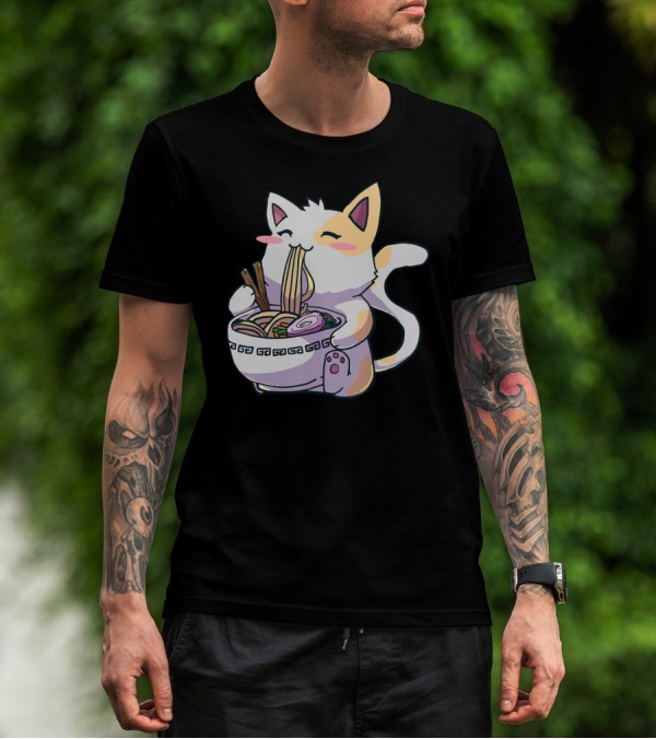 Kawaii Anime Cat Eating Ramen Japanese T-Shirt