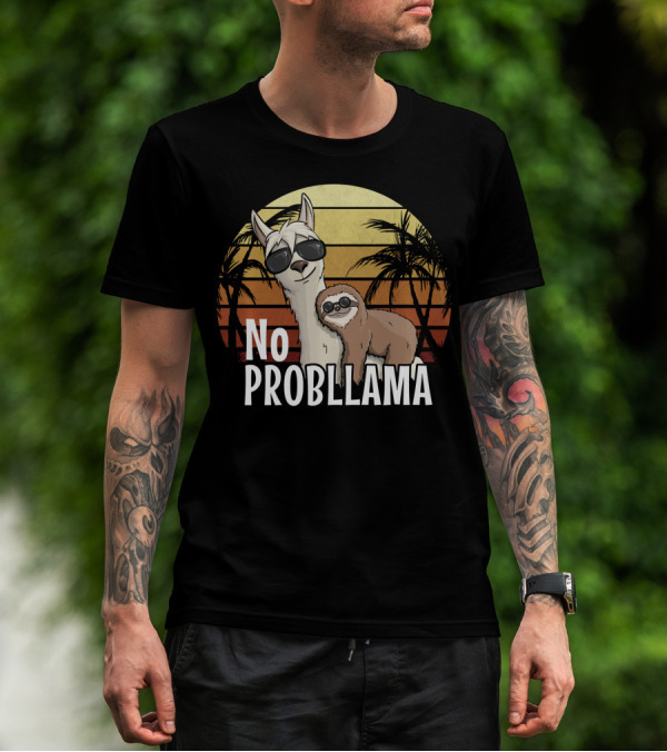 Retro Sunset Style Sloth Riding Llama With Sunglasses No ProbLlama T-Shirt