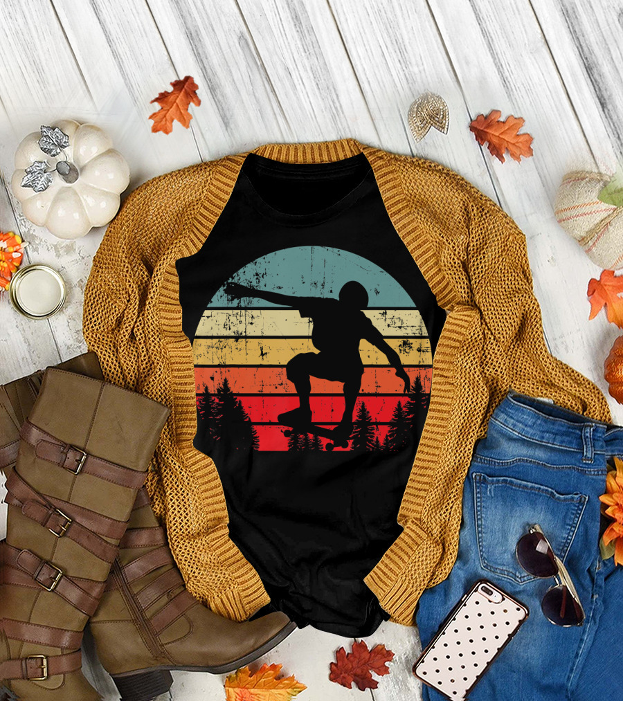 Trick Move Retro Vintage Skateboarder Silhouette Forest Sunset T-Shirt