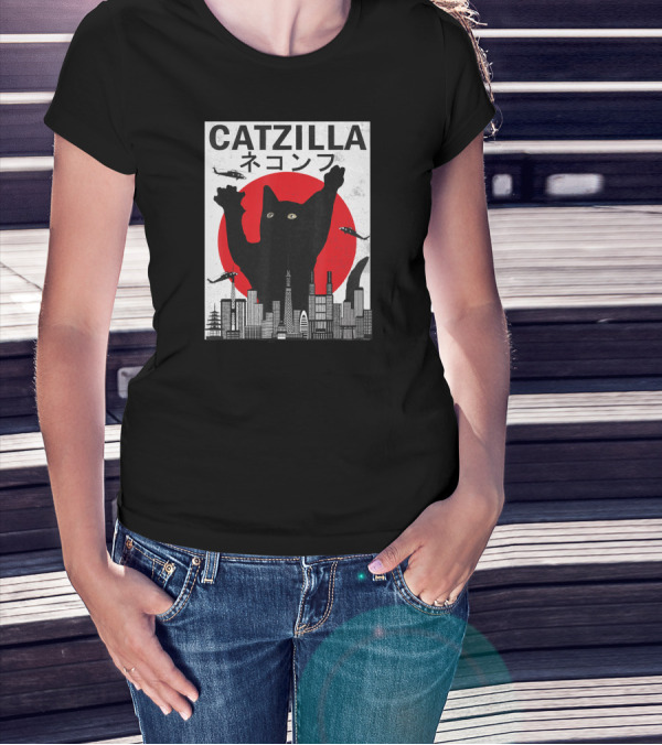 Catzilla Japanese Sunset Style Cat With Helicopter And Skyline Elements T-Shirt