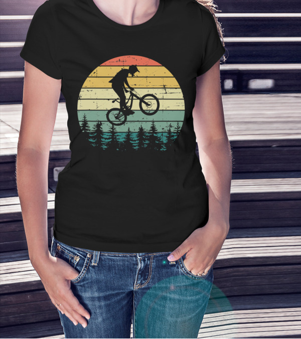 Vintage Downhill MTB Mountain Bike Retro Sunset Silhouette With Forest And Rider T-Shirt