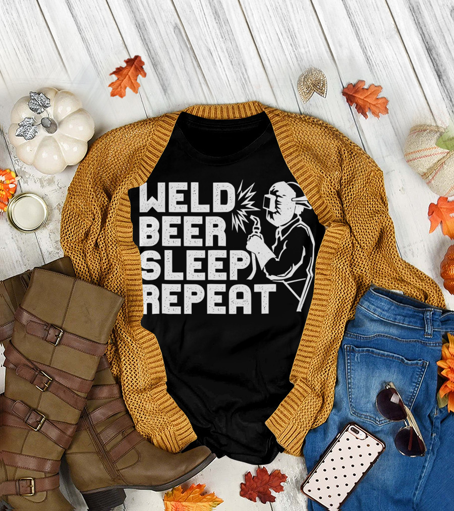 Weld Beer Sleep Repeat Welder Welding Mask Spark T-Shirt