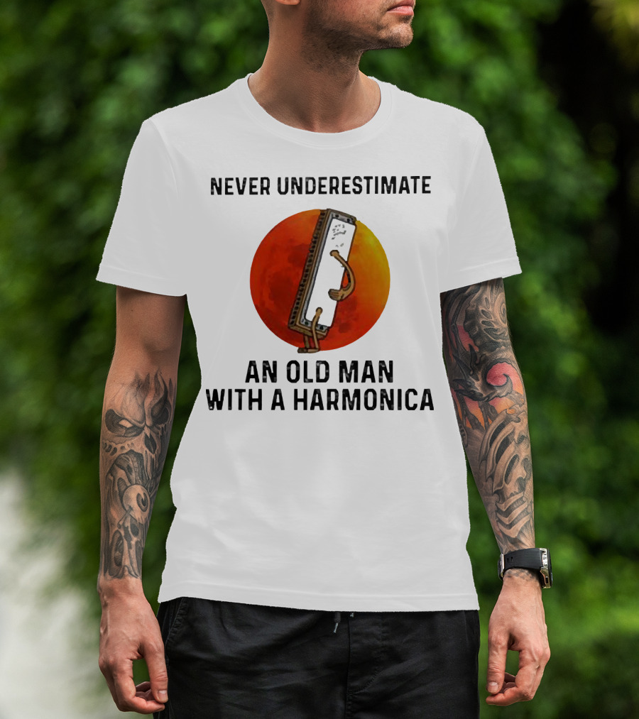 Never Underestimate An Old Man With A Harmonica Sunset Background T-Shirt