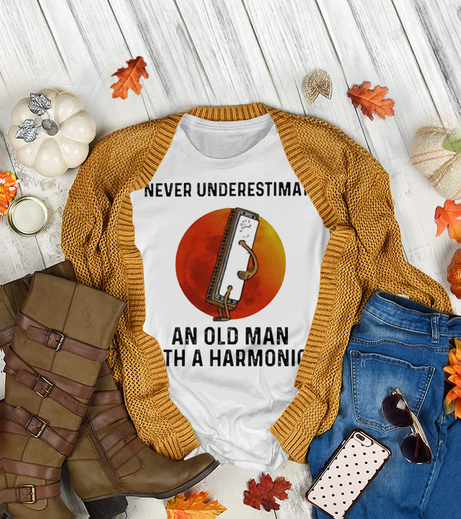 Never Underestimate an Old Man with a Harmonica Sunset Background T-Shirt