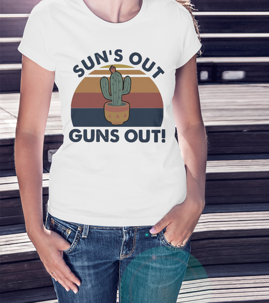 Sun’s Out Guns Out Cactus Retro Sunburst T-Shirt