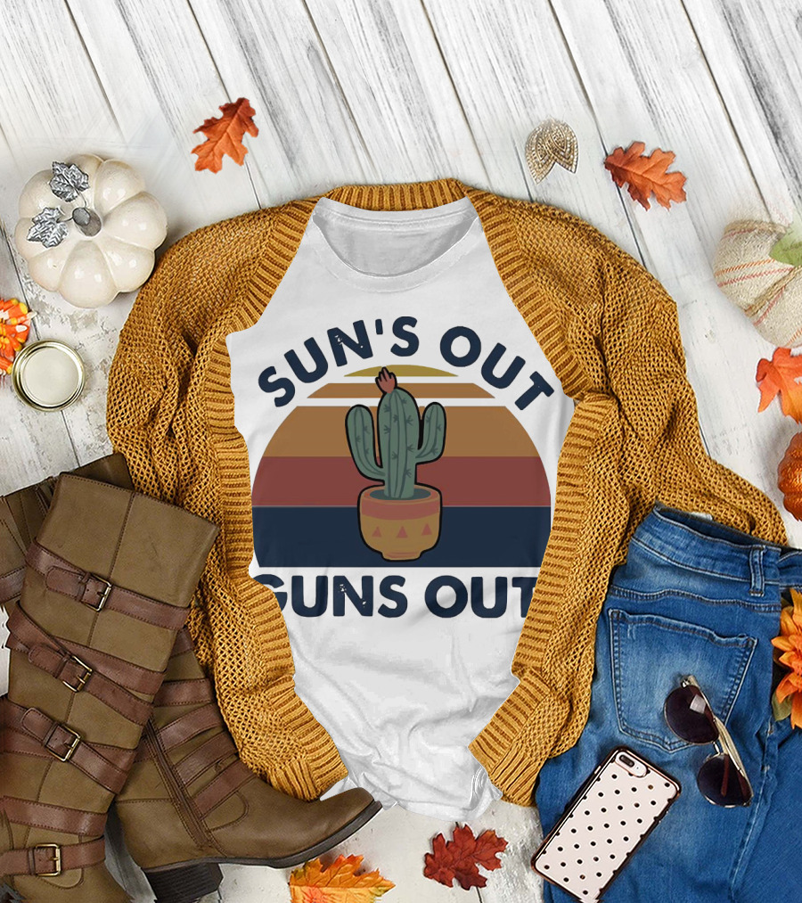 Sun’s Out Guns Out Cactus Retro Sunburst T-Shirt
