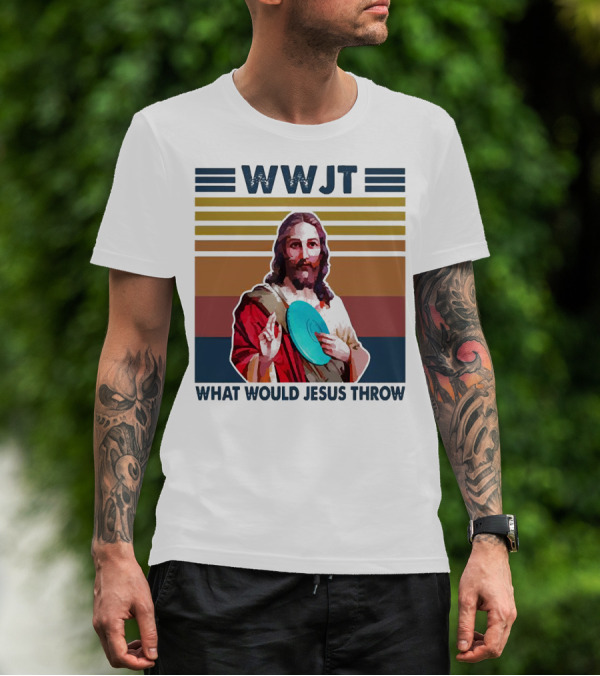 WWJT What Would Jesus Throw Disc Golf Frisbee Retro Stripes T-Shirt