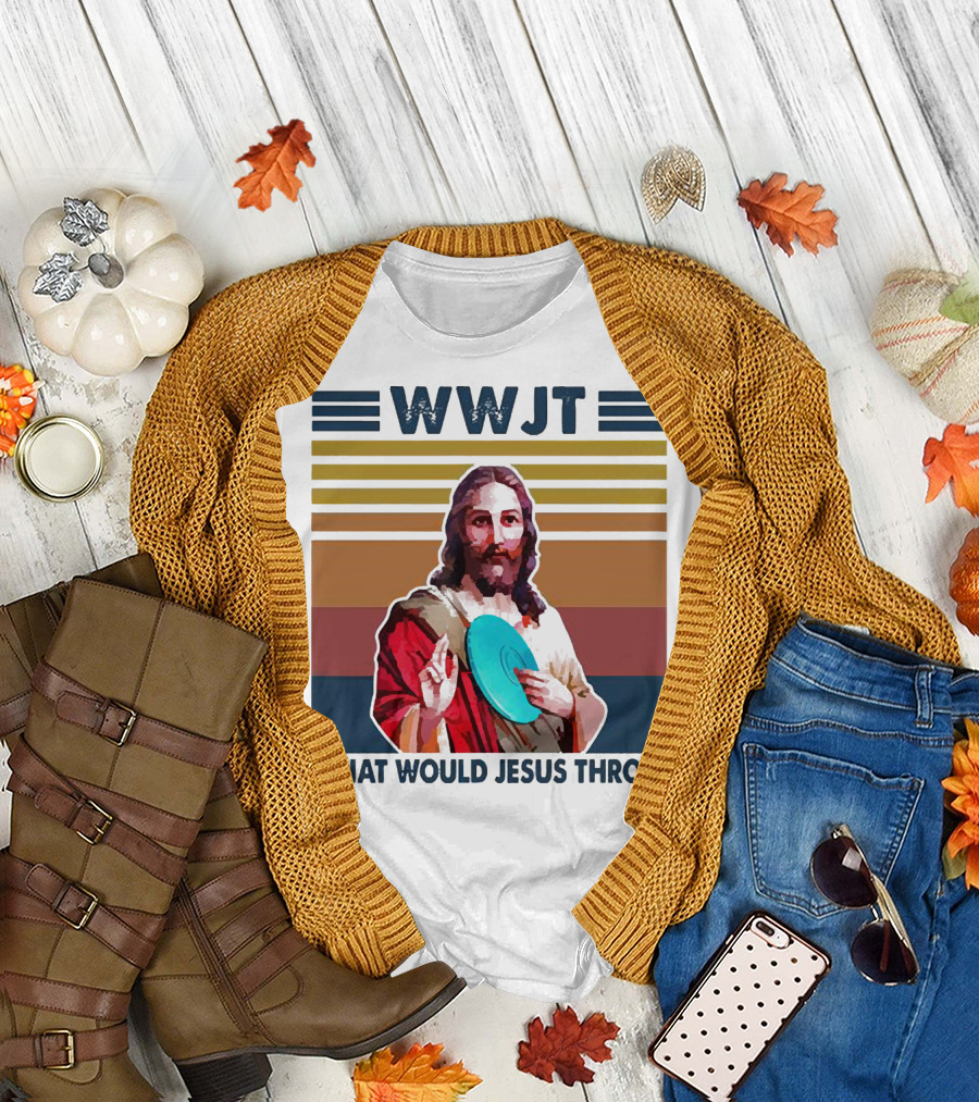 WWJT What Would Jesus Throw Disc Golf Frisbee Retro Stripes T-Shirt
