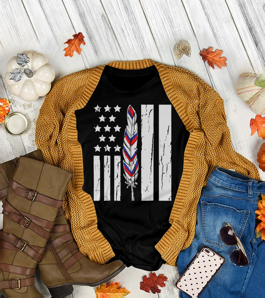 American Flag Stars Stripes Native Tribe Feather Pride T-Shirt