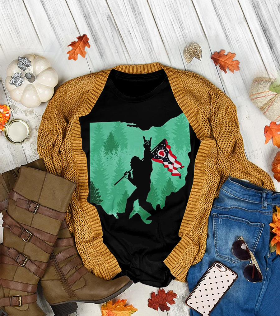 Bigfoot Rock and Roll Ohio State Silhouette with Flag Forest Background T-Shirt