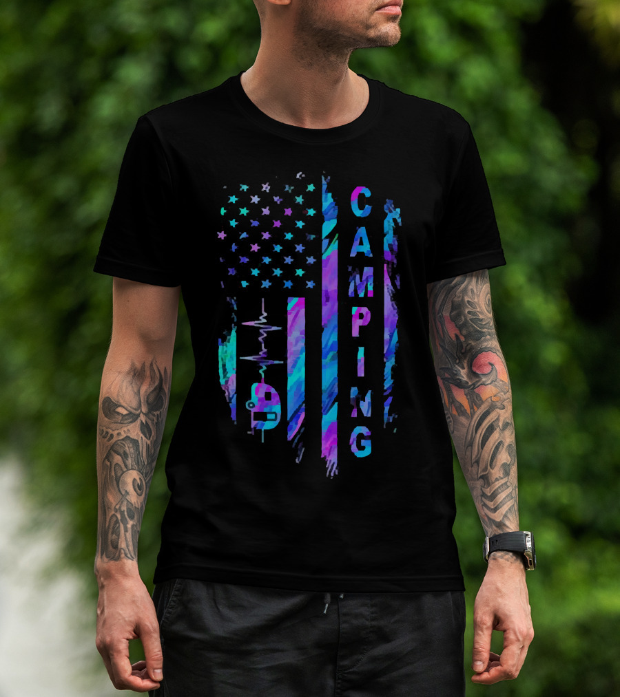 Camping American Flag Heartbeat Camper T-Shirt
