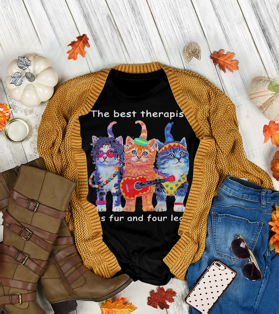 The Best Therapist Has Fur and Four Legs with Colorful Cats in Fun Outfits T-Shirt