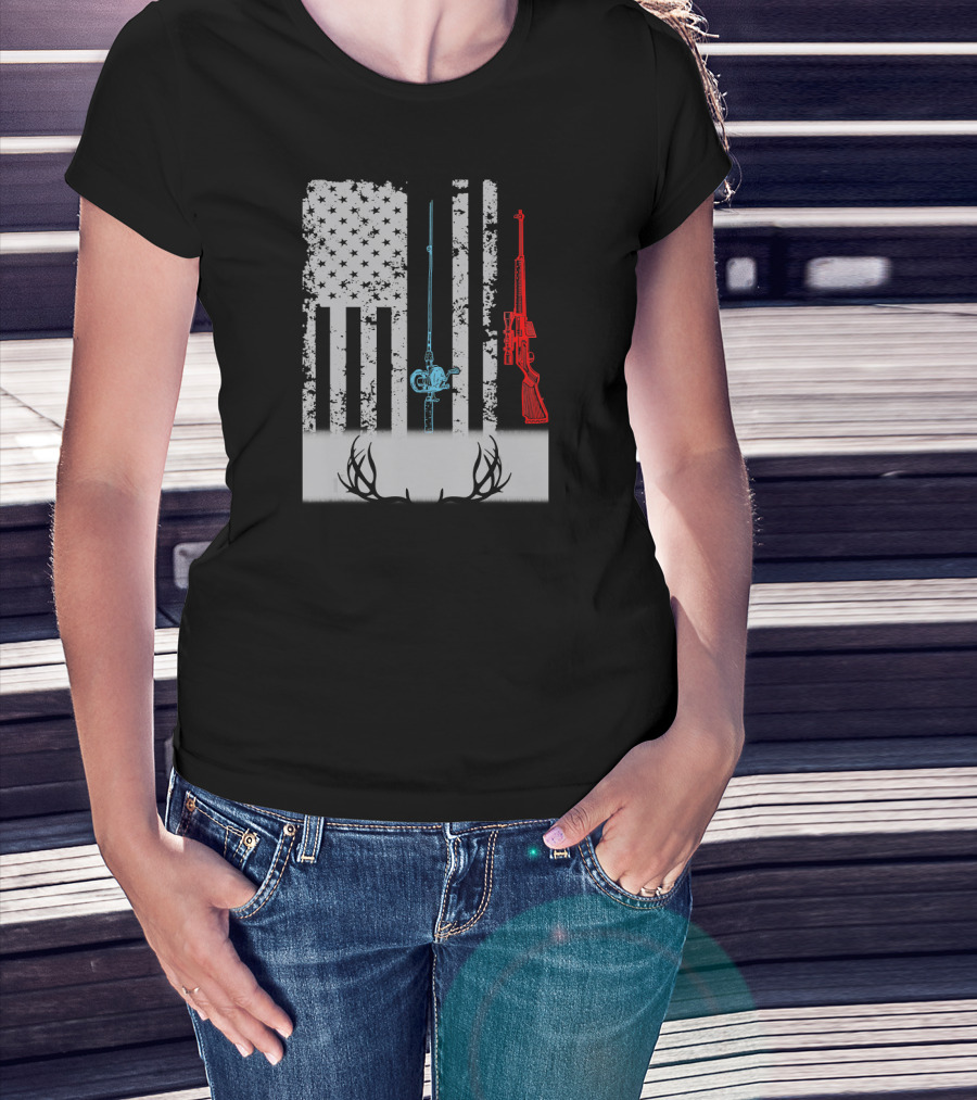 American Flag Fishing Rod Rifle Antlers T-Shirt