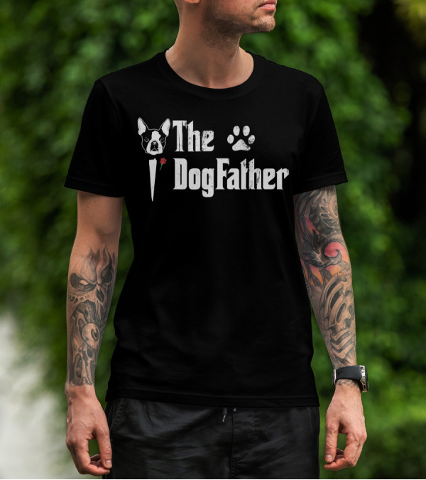 The Dogfather Boston Terrier Dad With Paw Print Icon And Rose T-Shirt