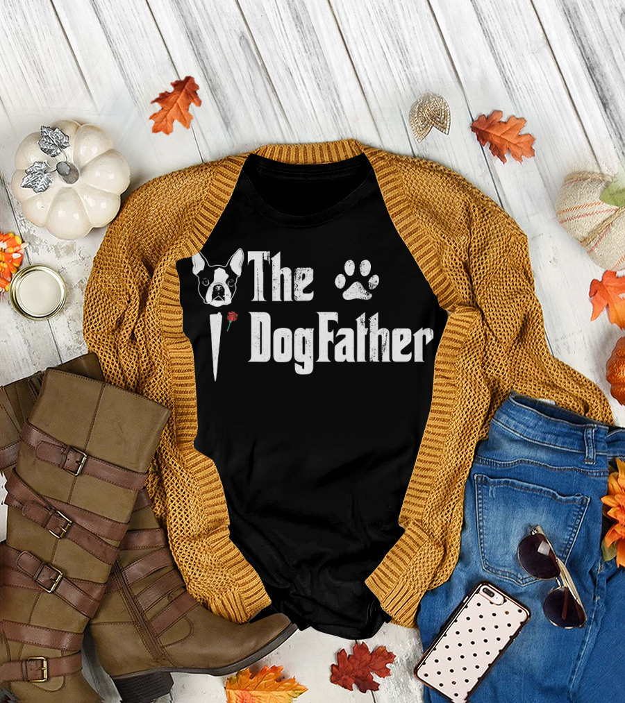 The Dogfather Boston Terrier Dad with Paw Print Icon and Rose T-Shirt