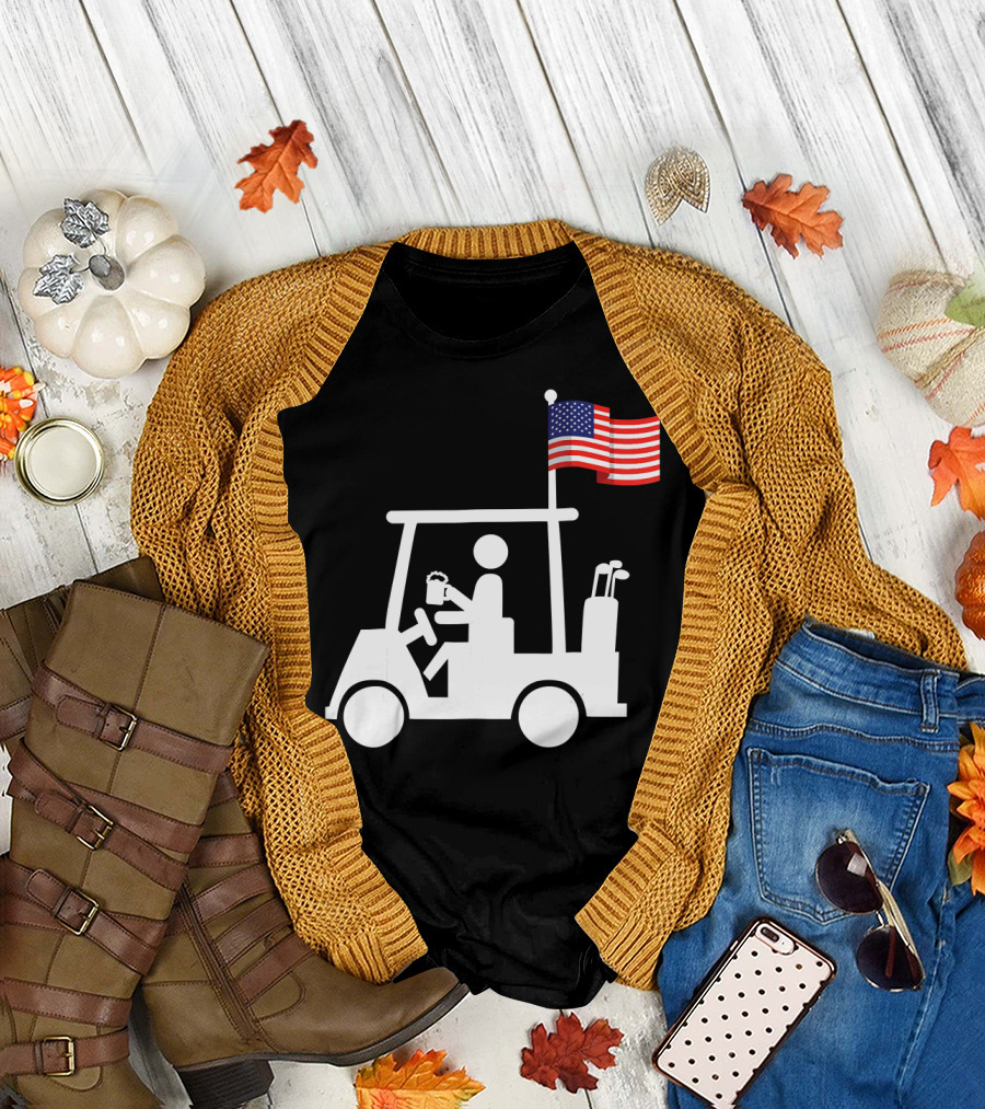 USA Strong Patriotic Golf Cart with American Flag Golf Wear T-Shirt