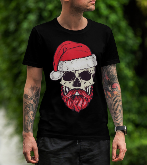 Vintage Bearded Skull Santa Claus With Red Hat And Mustache T-Shirt