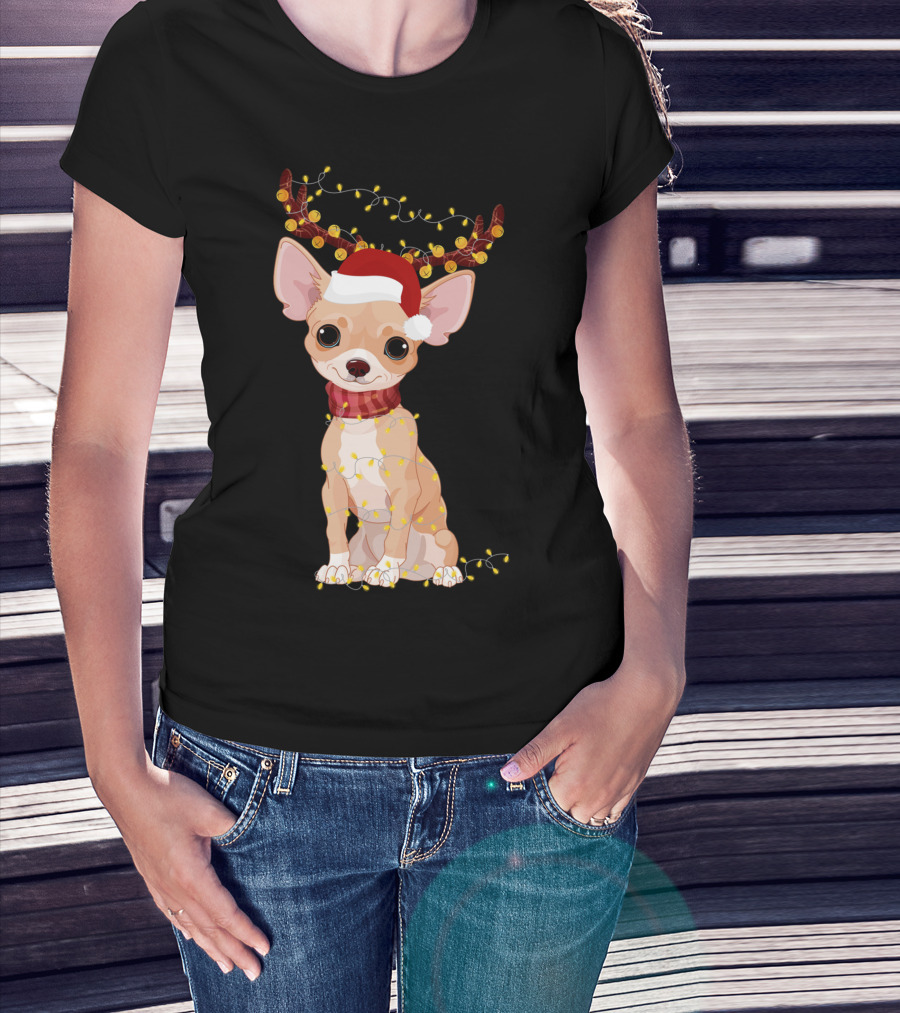 Chihuahua With Santa Hat Reindeer Antlers Christmas Lights Noel T-Shirt