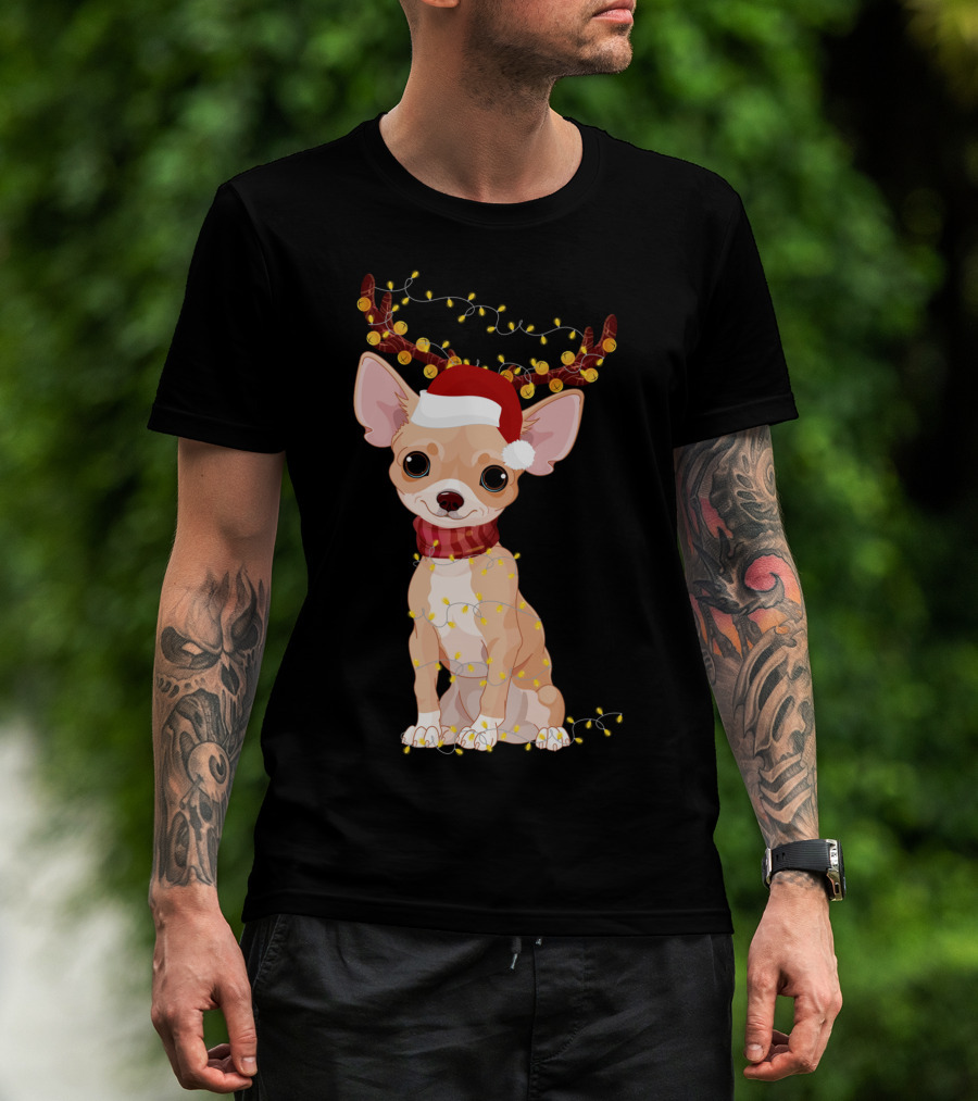 Chihuahua With Santa Hat Reindeer Antlers Christmas Lights Noel T-Shirt