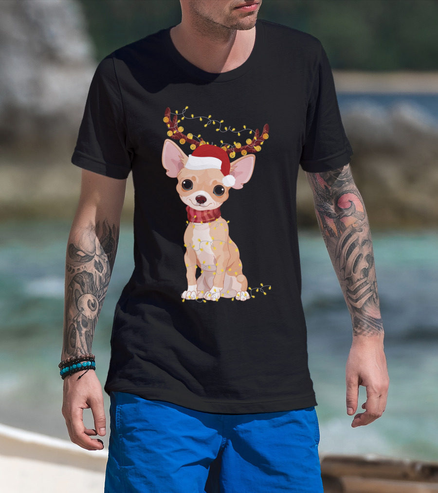 Chihuahua With Santa Hat Reindeer Antlers Christmas Lights Noel T-Shirt