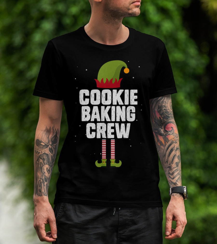 Cookie Baking Crew Christmas Elf Hat And Striped Stockings T-Shirt