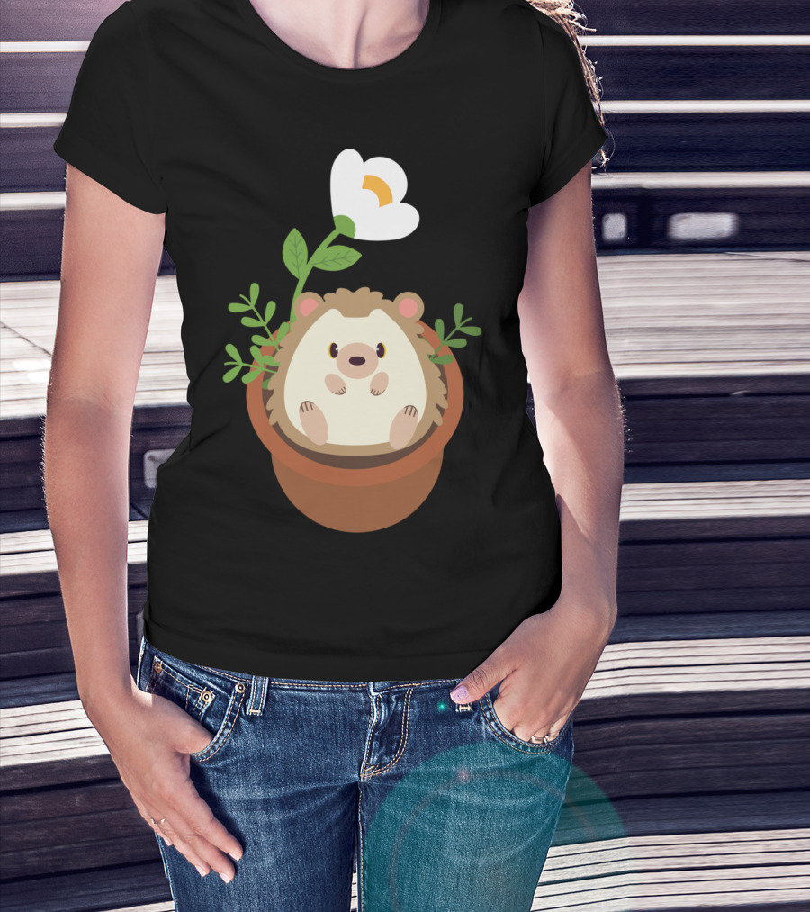 Cute Hedgehog Sitting In Flowering Plant Pot T-Shirt