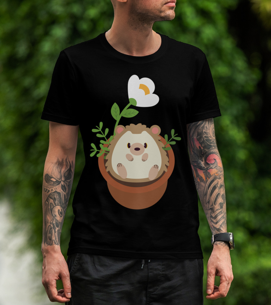 Cute Hedgehog Sitting In Flowering Plant Pot T-Shirt