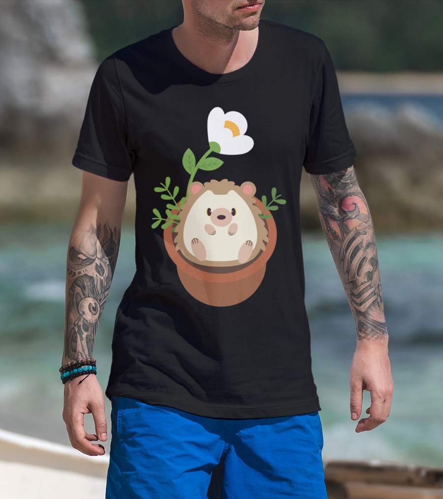 Cute Hedgehog Sitting In Flowering Plant Pot T-Shirt