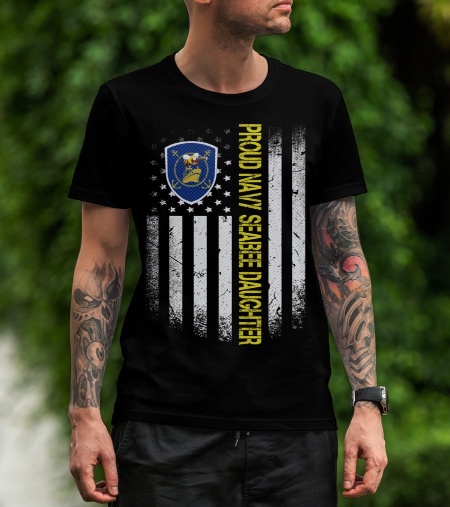 Proud Navy Seabee Daughter Black And White American Flag With Seabee Emblem T-Shirt