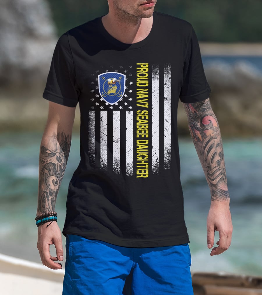 Proud Navy Seabee Daughter Black And White American Flag With Seabee Emblem T-Shirt