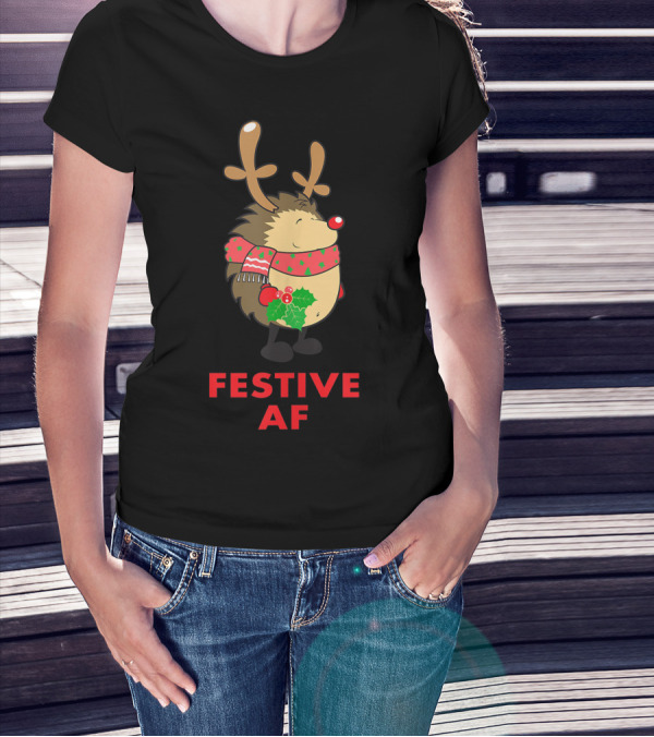 Festive AF Funny Christmas Hedgehog With Reindeer Antlers And Scarf T-Shirt