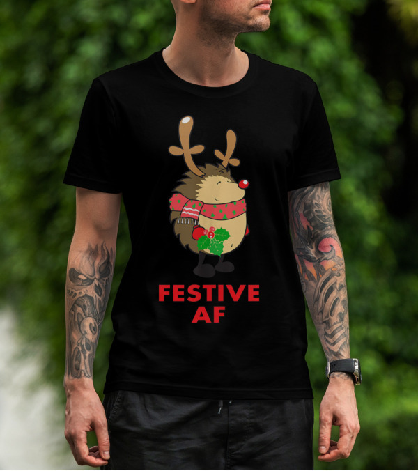 Festive AF Funny Christmas Hedgehog With Reindeer Antlers And Scarf T-Shirt