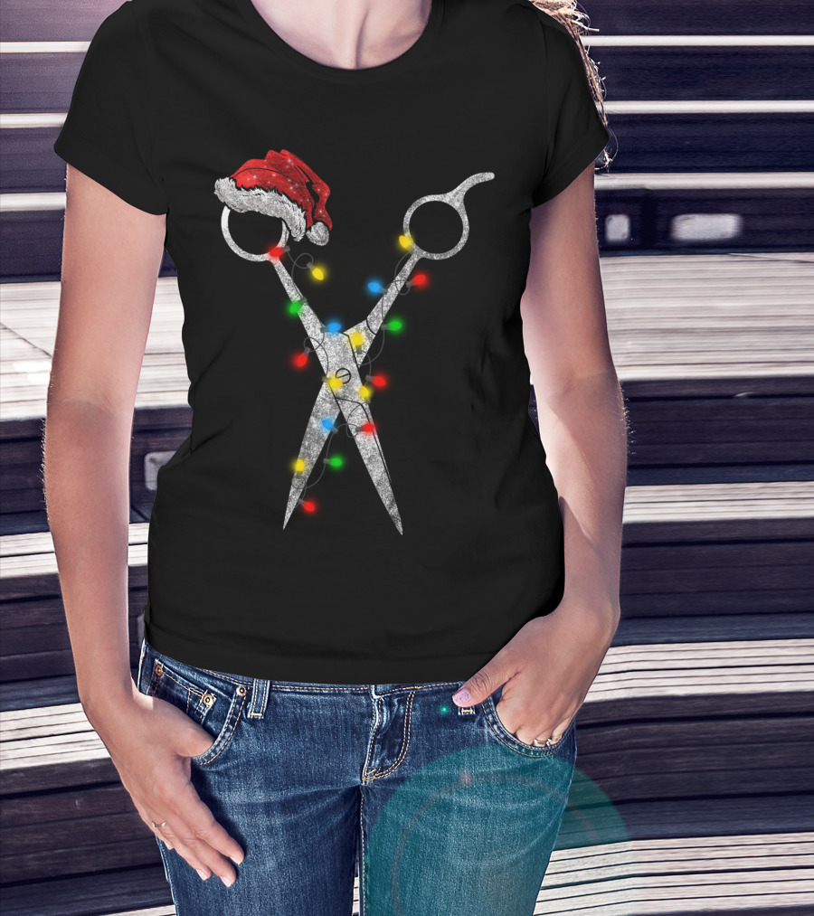 Funny Christmas Scissor Hairstylist Santa Hat Lights T-Shirt