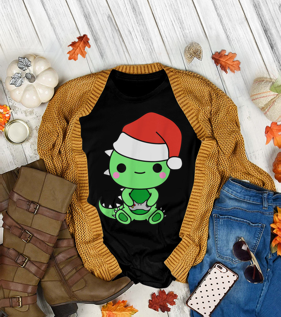 Christmas Gaming Dinosaur Santa Gamer Nerd T-Shirt
