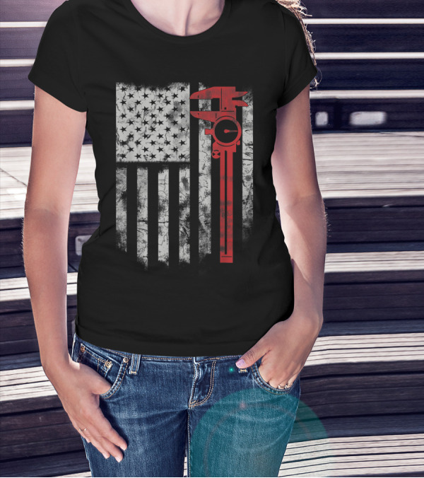 American Flag With Red Caliper For CNC Machinists T-Shirt