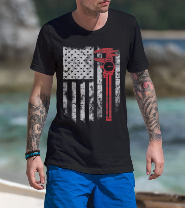 American Flag With Red Caliper For CNC Machinists T-Shirt
