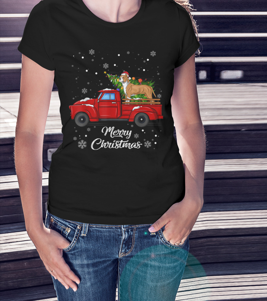 Merry Christmas Pitbull In Red Truck With Christmas Tree And Snowflakes T-Shirt