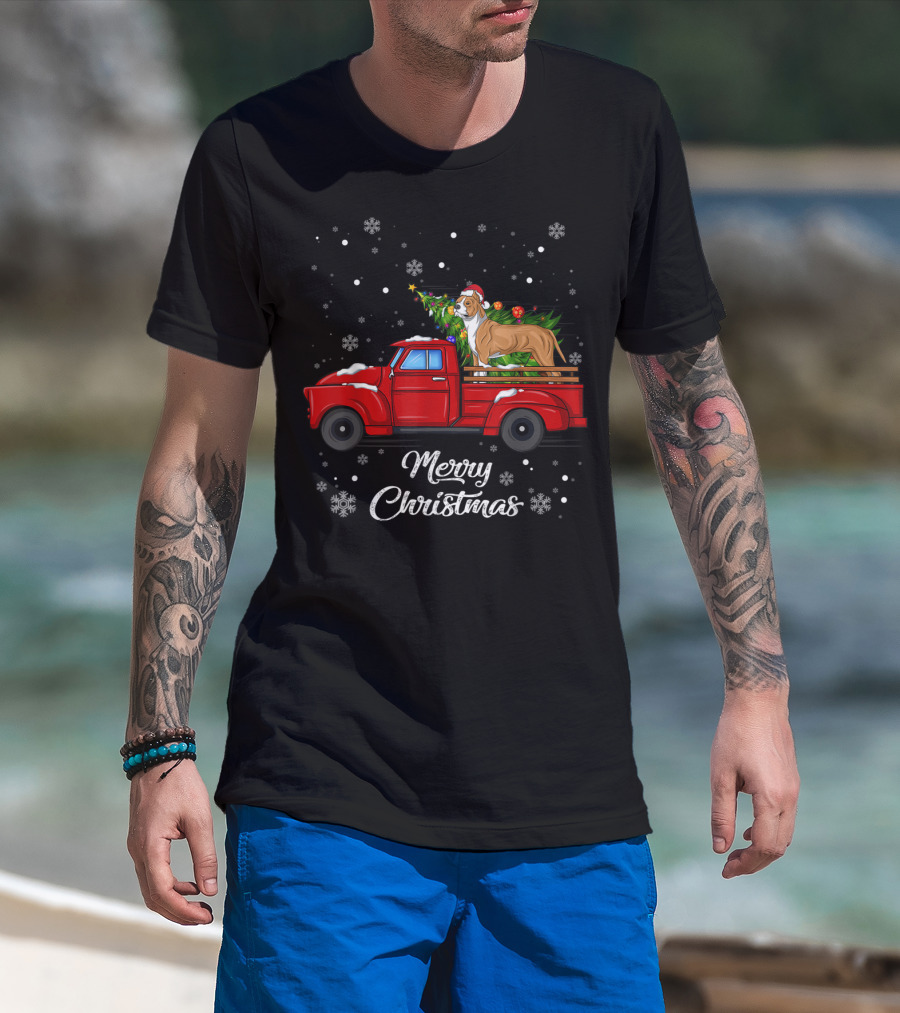 Merry Christmas Pitbull In Red Truck With Christmas Tree And Snowflakes T-Shirt