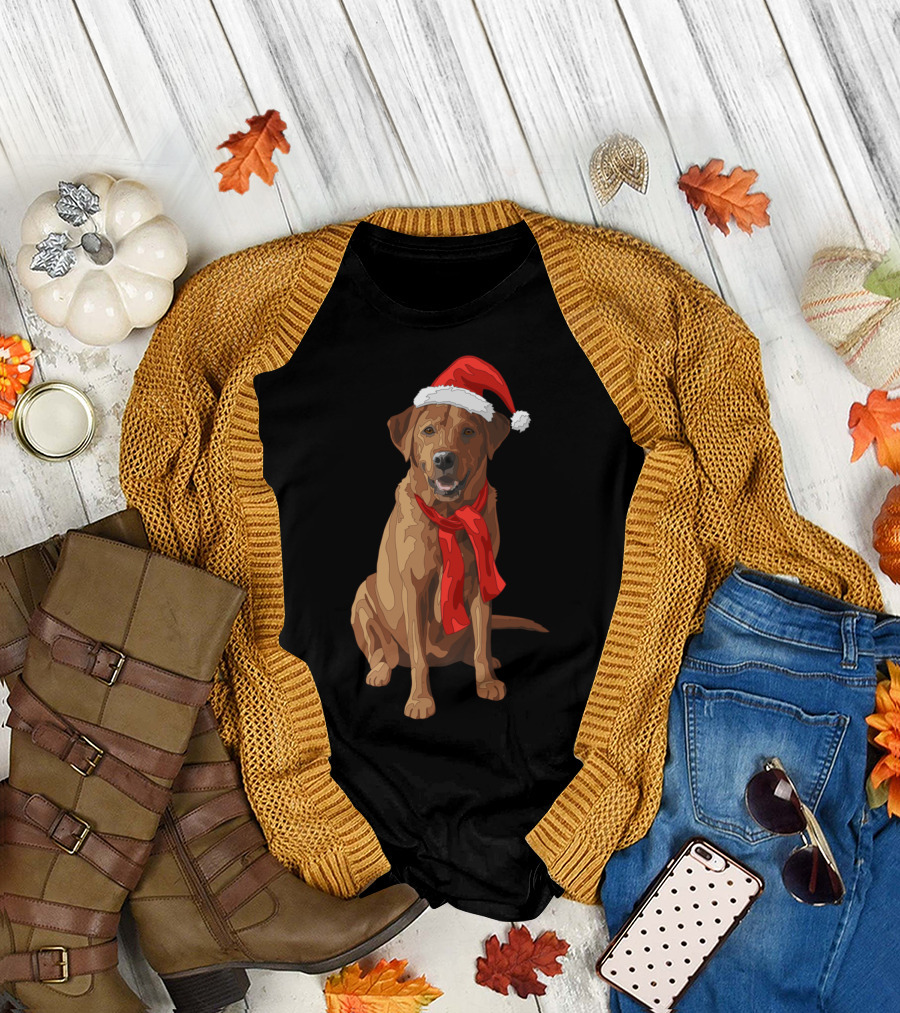 Red Labrador Retriever Dog with Christmas Santa Hat and Scarf T-Shirt